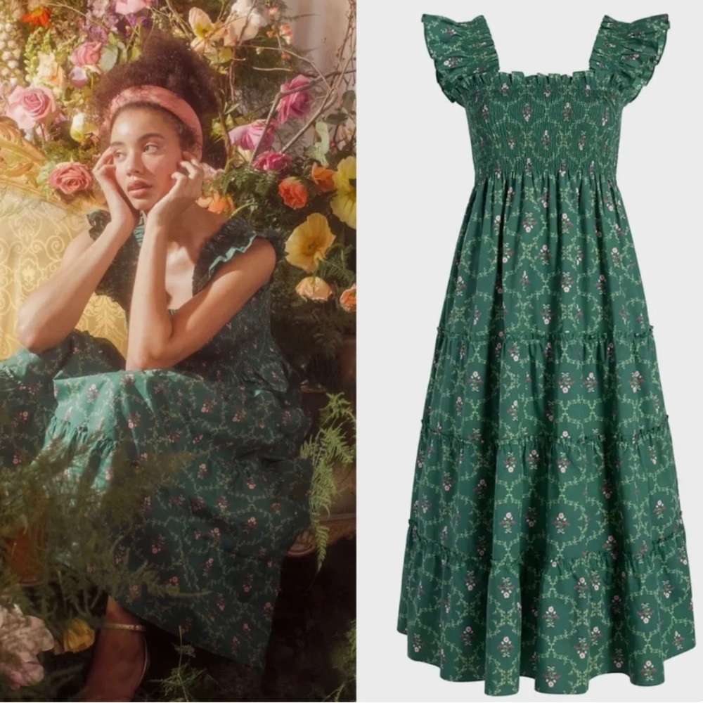 Hill House Home Ellie Nap Dress Emerald Trellis Re-Edition Print size large EUC